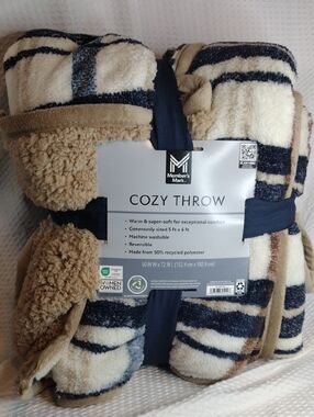 Member's Mark Cozy Throw - Cream, Navy & Tan Stripes